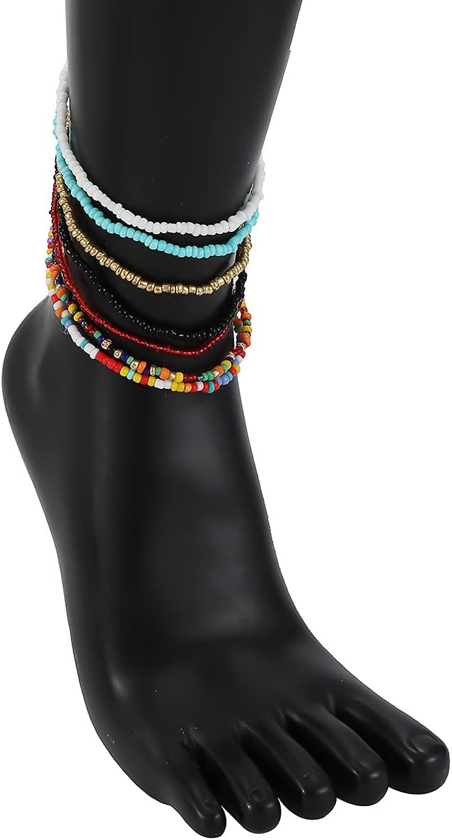 Pingyongchang Boho Handmade Beads African Anklets Set Layered Beach Colorful Stretch Beaded Elastic Foot Hand Chain Anklets Bracelets for Women Jewelry - Image 4