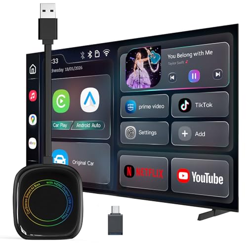 Image of 6 in 1 CarPlay & Android Auto Adapter, Inbuilt YouTube, Netflix, Prime, Hotstar, Auto connect BT & Dual WiFi, Support HDMI-Out /USB-Input, Converts Wired to Wireless, Plug &Play, USB C /A (Black)