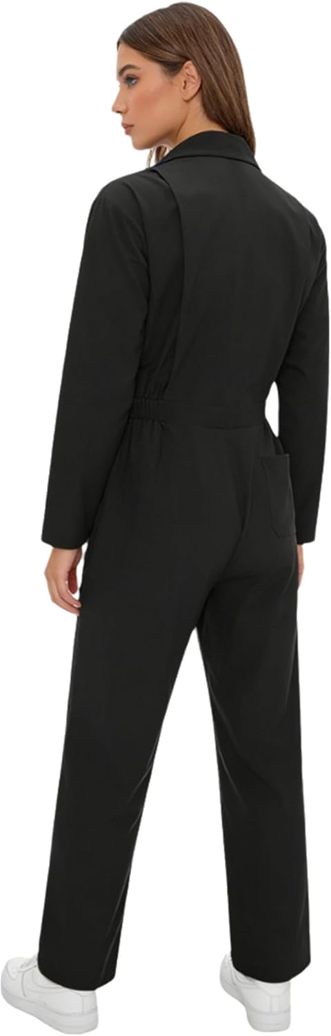 Vxuxlje Womens Mechanic Uniform Long Sleeve Coveralls Turn-down Collar Front Zipper Work Overalls