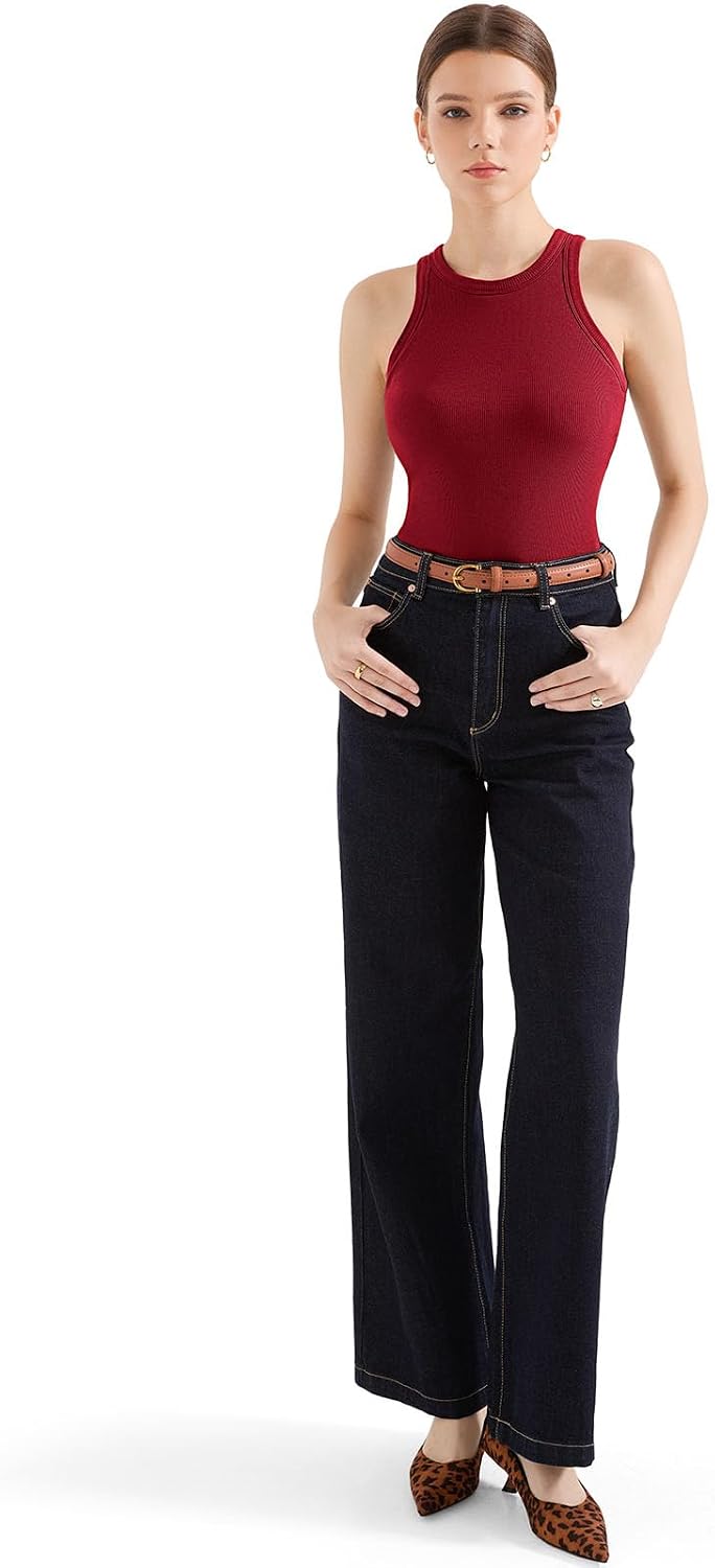  Women Padded Cotton Ribbed Tank Tops High Neck Racerback Basic Tops thumbnail