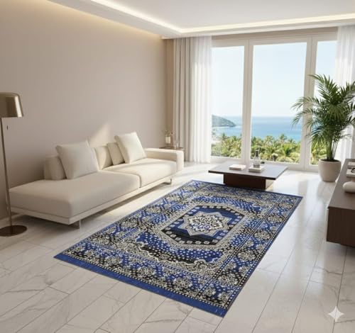 Image of Premium Cotton Carpet 4X6 feet Mult Colour for Living Room, Hall & Kitche | Carpet mat /Area Rug /Carpet & Rug /Carpet for Floor /Kalin & Dhuurie | Square (Blue)