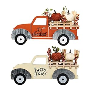 NEEDOMO Fall Decorations for Home, Large Size 2 Pack Wood Truck with Pumpkin Fall Decor, Decorative Wooden Truck Set for Room, Table, Tiered Tray, Mantel, Thanksgiving Decorations