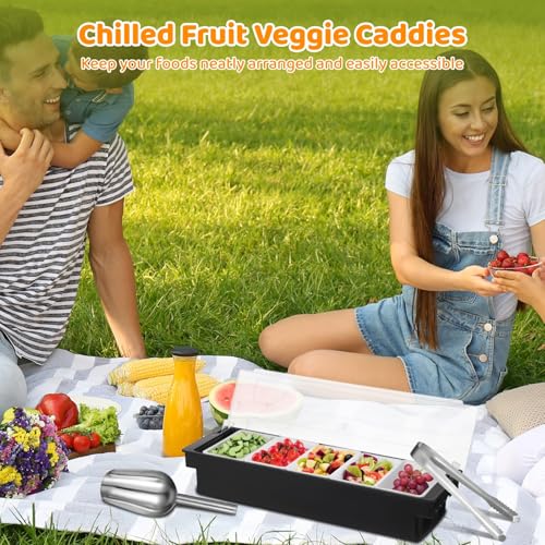 yeesport 2 Pcs 5-Compartment Condiment Dispensers, Chilled Fruit Veggie Caddies with Lids, Ice Cooled Food Serving Containers, Includes Tongs and Scoops, Bar Garnish Trays for Snacks and Sauce