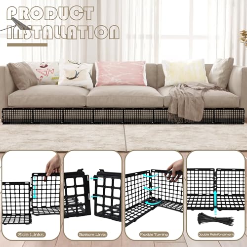 Image of 12 Pcs Under Couch Blocker for Bed Adjustable Furniture Plastic Under Bed Blocker with 30 Ties Black Couch Barriers for Dogs Pets Cats (Style 1)