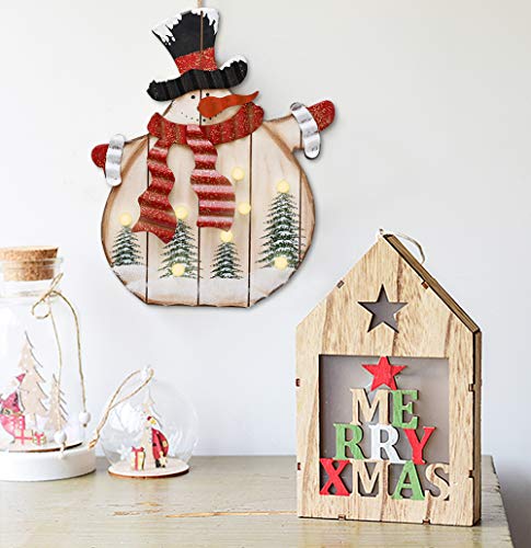 E-view Wooden Hanging Christmas Snowman Sign with LED Bulbs - Wood Decorative Plaques for Wall Door Xmas Tree Ornament Indoor Outdoor Holiday Decor (Snowman A)