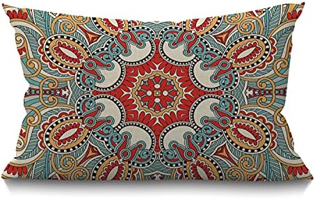 Paisley Flower Throw Pillow Cover Traditional Ethnic Floral Red Teal White Waist Lumbar Cotton Linen Home Living Room Decorative Throw Pillow Cases Cushion Cover 12x20 Inch Rectangle Waist Pillowcase