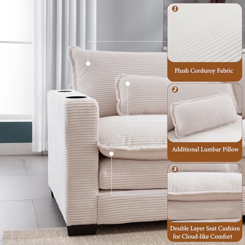 KIVENJAJA Corduroy Cloud Sectional Couch, Modern Comfy Modular L-Shaped Sectional Sofa with Ottoman, Cup Holders & USB Port for Living Room Apartment, 117.7”W, Beige