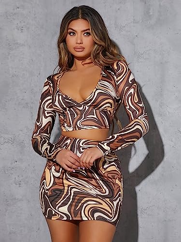 Women's Backless Marble Print Deep V Neck Slim Fit Party Crop Top With Bodycon Mini Skirt