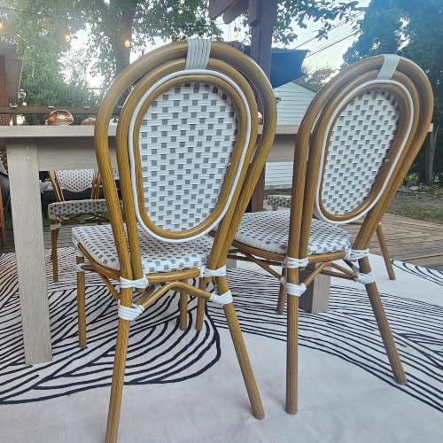 Image of PURPLE LEAF Patio Dining Chair Set of 4 Outdoor French Aluminium Frame in Bamboo Finish with White & Gray Woven Rattan for Indoor Kitchen Deck Bistros Cafe Restaurant