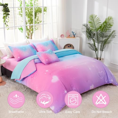 Image of 6 Pcs Glitter Bed in A Bag Full Size Rainbow Galaxy Bedding Comforter Set with Sheets Tie Dye Pink Teal Bubble Heart Print Kids Bed Set (Bubble Heart, Full)
