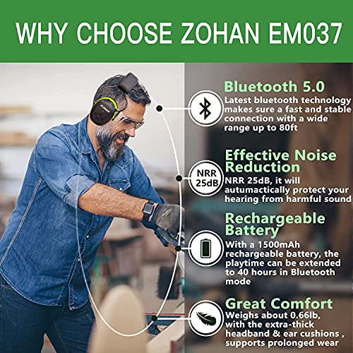Zohan Em037 Bluetooth Hearing Protection Headphones With 1500Mah Rechargeable Battery,Nrr 25Db Noise Reduction Ear Muffs With 40H Playtime For Mowing, Snowblowing, Construction,Workshops #TOP1