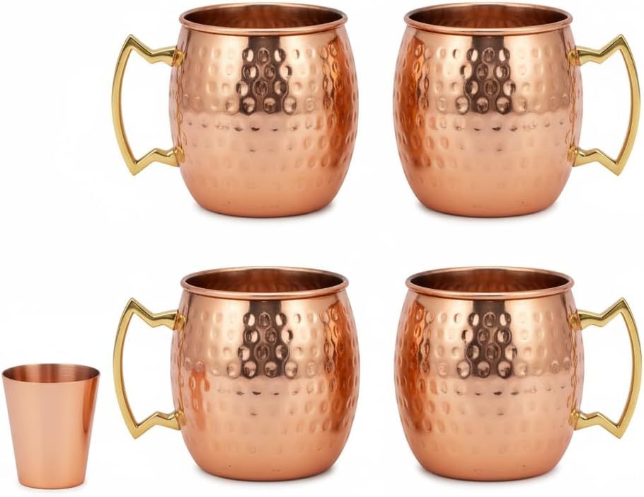 Royalty Art Moscow Mule Copper Mugs Set of 4 – 16oz 100% Pure Copper, Polished Hammered Finish, Gold Brass Handles, Bonus Copper Shot Glass – Authentic Food Safe Cocktail Barware Gift Set