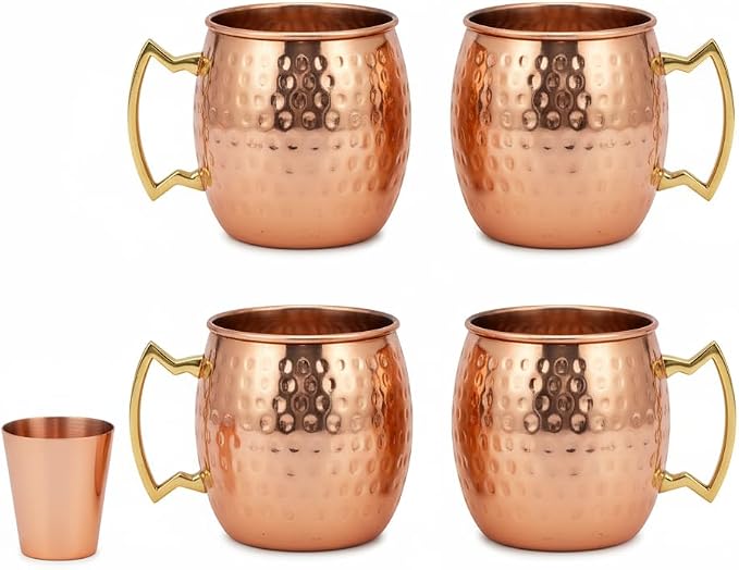 Royalty Art 00187 - Moscow Mule Copper Mugs Set of 4-16oz Hammered Pure Copper Cups with Handle