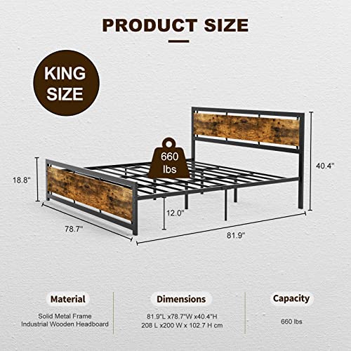 Ikifly Industrial Metal King Size Bed Frame/Farmhouse Metal Platform Bed With Wooden Headboard Footboard/Heavy Duty Steel Slats Support/No Box Spring Need, Easy Assembly（King, Rustic Brown） #TOP2