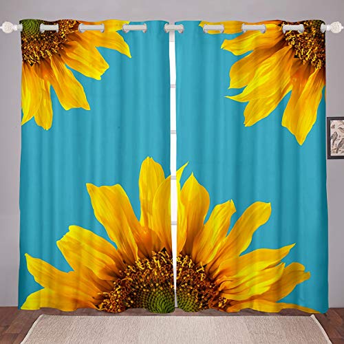 Sunflower Window Curtain Panels For Kids Boys Girls Teens, Romantic Flowers Window Drapes, Yellow Floral Curtains Petal Garden Rustic Window Treatment Adult Bedroom Decor, Teal Blue 76"X54" #TOP30