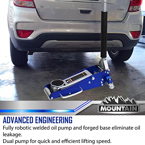Mountain Tq1500A 1.5 Ton Low Profile Racing Service Floor Jack For Garages, Repair Shops, And Diy, 3,000 Lbs. Capacity, Lifting Range 3.5" - 14", Heavy Duty Aluminum/Steel Hybrid, Black/Blue/Silver #TOP6