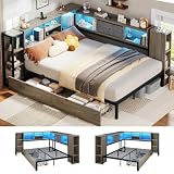 LARMACE Corner Bed Frame with Storage Drawers and Headboard,Full Daybed with LED Light and Charging Station,Gray