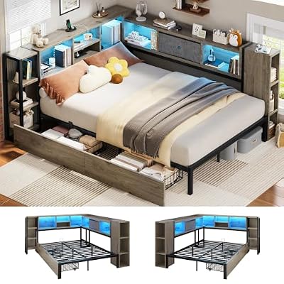 LARMACE Corner Bed Frame with Storage Drawers and Headboard,Full Daybed with LED Light and Charging Station,Gray