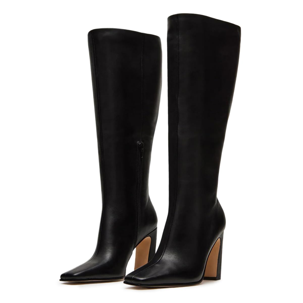 Tangscuisins Women Square Toe Knee High Boots Pull on Zipper Mid Chunky Heels Fashion Dressy Formal Shoes Size