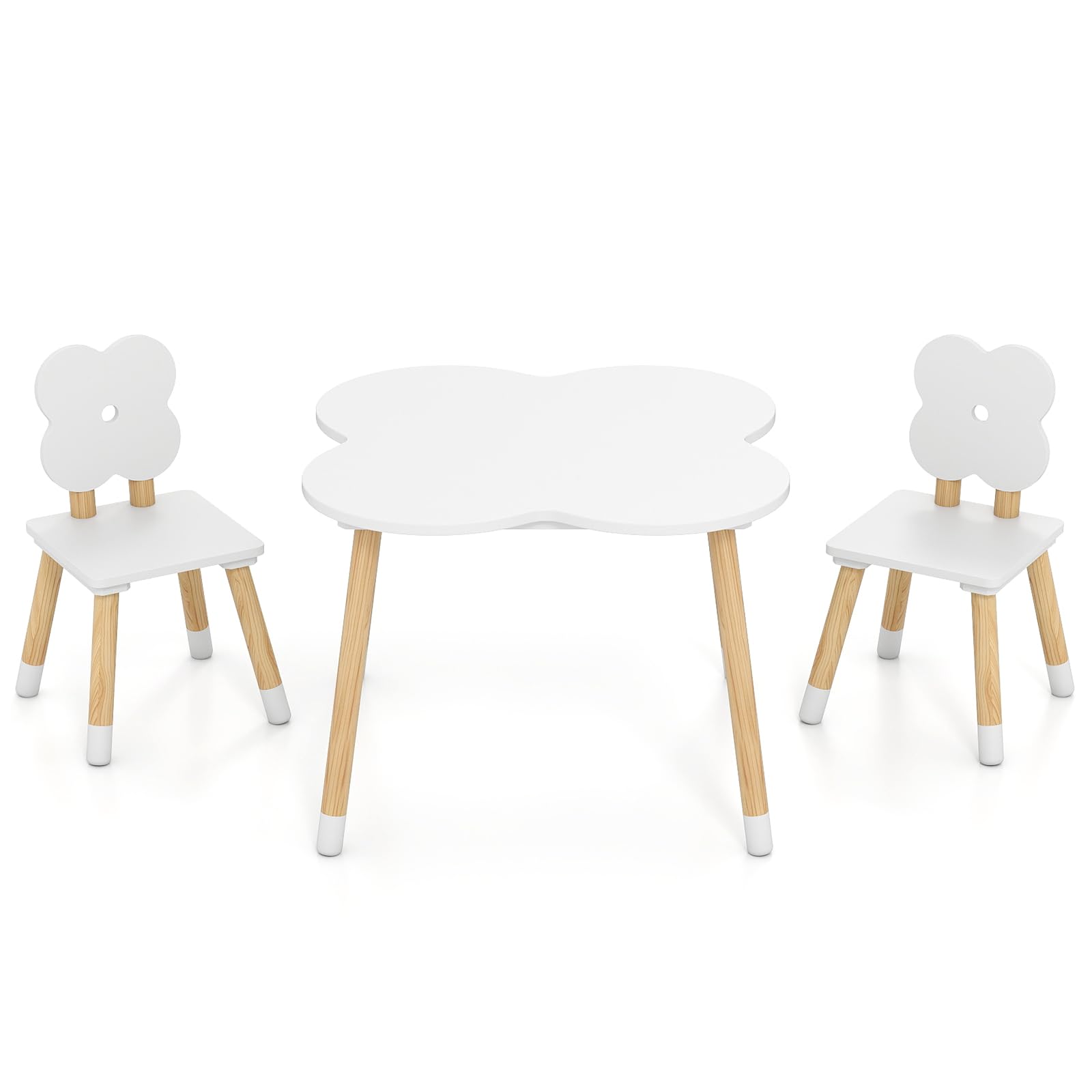 GYMAX Kids Table and Chair Set, Children Activity Table with 2 Chairs and Pine Wood Legs, 3PCS Wooden Toddler Furniture Set for Playing, Learning, Eating (White, Flower Backrest)