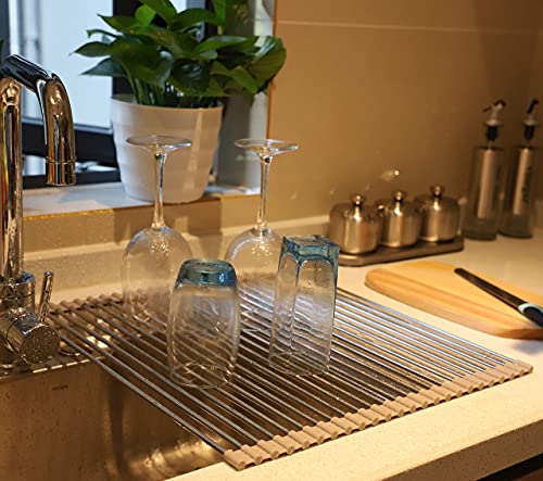 Image of AHYUAN Wide Roll Up Dish Drying Rack Over The Sink Folding Dish Rack Portable Dish Drainers For Kitchen Sink Counter Roll-Up Drying Rack Rv Foldable Dish Drying Rack Grey (16.2''Wx17.8''L)(Metal)