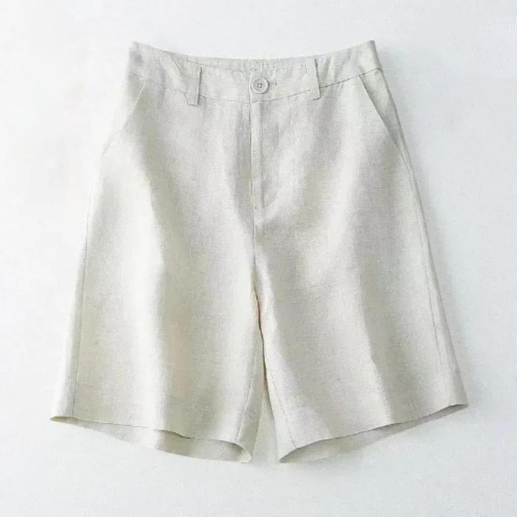 Women Casual Cotton Linen Shorts Solid Pocket Button High Waist Wide Leg Straight Short Pants
