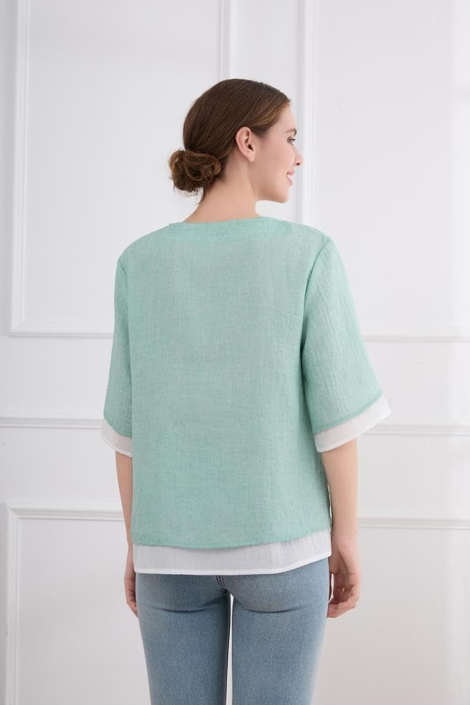 Minibee Women's Cotton Linen Shirts Summer 3/4 Length Sleeve Tops Chinese Frog Casual Blouse - Image 3