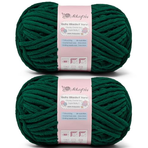 Image of 2 Pack Dark Green 14.1 oz /196.8 yds Chunky Chenille Yarn for Crocheting, #7 Super Bulky Baby Blanket Yarn for Crocheting Soft, Fluffy Velvet Yarn for Knitting, Amigurumi Crochet Yarn for Crafts