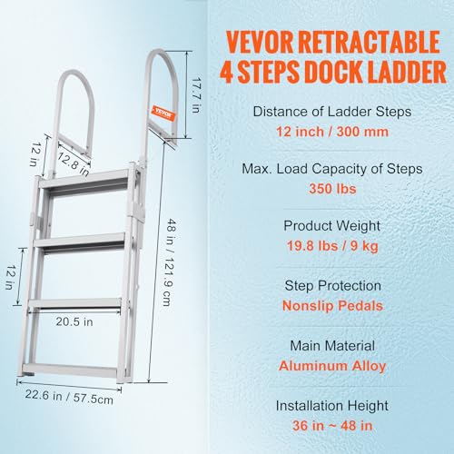 image for VEVOR Retractable Dock Ladder 4 Steps, Aluminum Sliding Pontoon Boat L