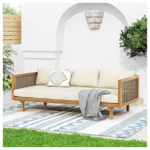Merax 67.5" Outdoor Patio Daybed 3 Seater Sofa Bed,Acacia Wood Frame with Rattan Arm,Cushion & Pillow