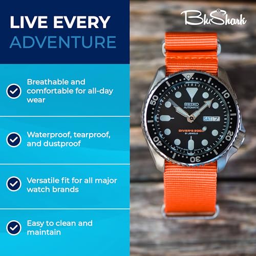Image of BluShark - Original Collection Military-Style Waterproof Watch Strap, Fits All Timepiece Brands, Durable Nylon Wristwatch Accessories with Stainless Steel Buckle - 18mm, 20mm, 22mm & 24mm Watch Bands