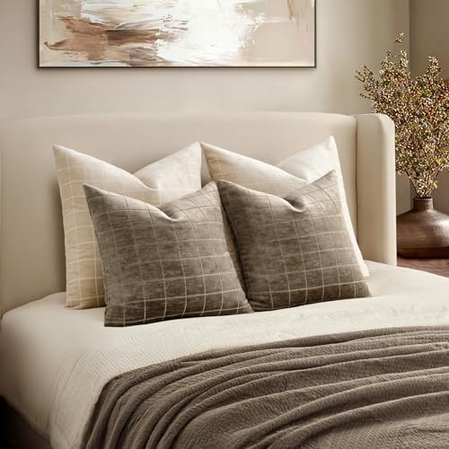 Image of MIULEE Taupe Grey Plaid Decorative Fall Throw Pillow Covers 20x20 Set of 2 | Vintage Check Chenille Couch Pillows Boho Farmhouse Cushion Covers Modern Fall Home Decor for Sofa Bed Living Room