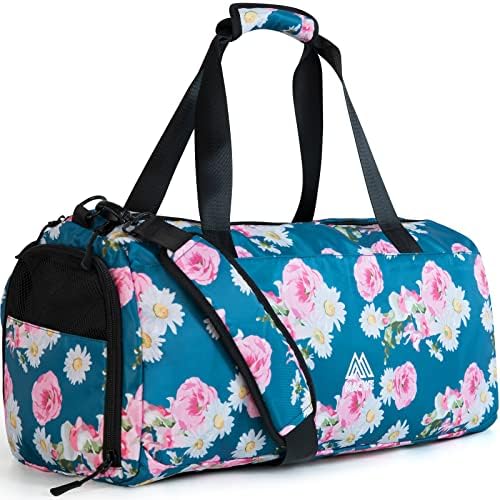 Duffel Gym Bag for Women, 40L Sports Bag for Men, Foldable Workout Bag with Shoe Compartment and Wet Pocket, Lightweight Weekender Overnight Bags (Navy Floral)