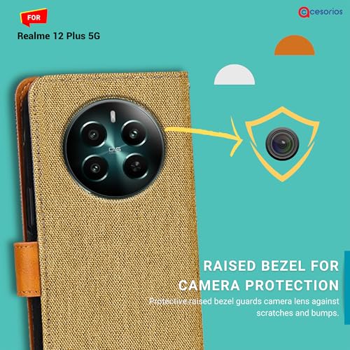 Image of Accesorios Realme 12 Plus 5G Denim & Leather Flip Back Cover Case | Vegan Leather | Kick Stand & Pockets | Protective Back Flip Cover for Realme 12 Plus 5G (Light Brown)