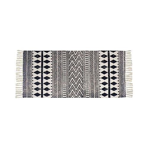 USTIDE Moroccan Cotton Tassel Rug Black&Cream Laundry Room Boho Bath Rug Machine Washable Woven Braided Doormat Hearth Rug for Bathroom Kitchen Bedroom 60x130cm