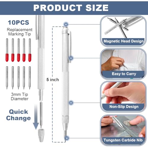 Image of Serplex 2Pcs Tungsten Scribers with 10 Interchangeable Tungsten Tips Anti-Slip Pocket Tungsten Scriber with Strong Magnet Cap Multipurpose Tungsten Carbide Scribers for Glass /Ceramics /Metal Sheet