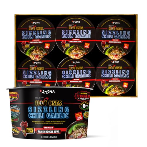 A-Sha x Hot Ones Spicy Ramen Noodle Soup Bowl, 6 Pack, Sizzling Chili Garlic (Medium Heat) Flavor, Premium Microwaveable Ramen Soup Mix, 12g Plant-Based Protein