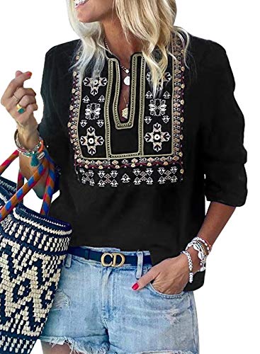 Azokoe Women Summer V Neck Boho Print Embroidered Shirts Short Sleeve Casual Loose Tops Blouses Black XL