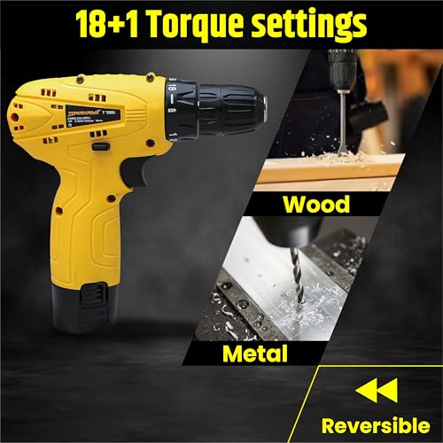 Image of Tomahawk TCD-12K-2B-S 12V Cordless Drill /Screwdriver Kit | 10mm Keyless Chuck, 1-Speed 600 RPM, 2 x 1.5Ah Batteries | LED Light, 24Nm Torque, 18+1 Settings | DIY, Home, Wood & Metal Drilling Kit