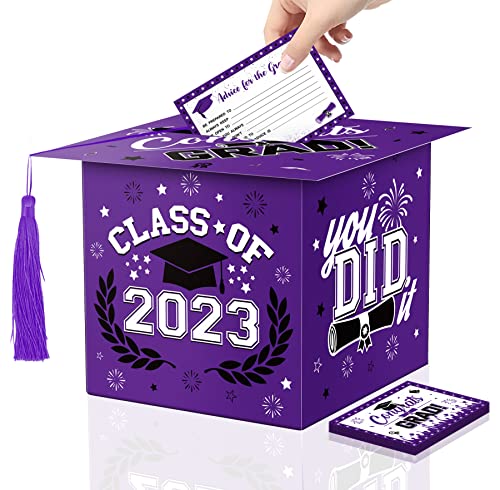 Class Of 2023 Graduation Card Box Purple Black Congrats Grad Cap Shaped Card Holder Boxes With Tassel And 48 Pcs Advice Wishes Cards For 2023 High School College Centerpiece Ceremony Graduation Party Decorations #TOP24