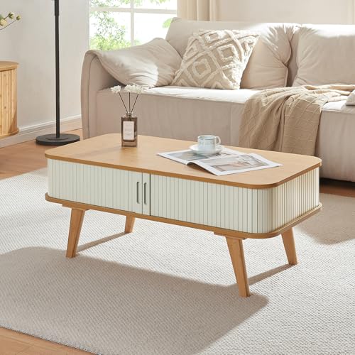 [en.casa] Table Basse Design Scandinave avec 2 Portes Coulissantes et Compartiment de Rangement Table d'Appoint Bout de Canapé Bambou MDF 100 x 50 x 40 cm Naturel Blanc Crème
