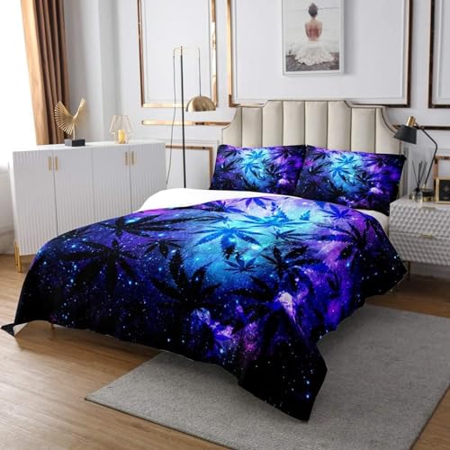 Homewish Dessus de Lit Feuilles de Marijuana - Couvre-Lit 2 Personnes 260x240 cm - Couverture de Lit Galaxie Cannabis pour Femme Homme Jeune - Jetés de Lit...