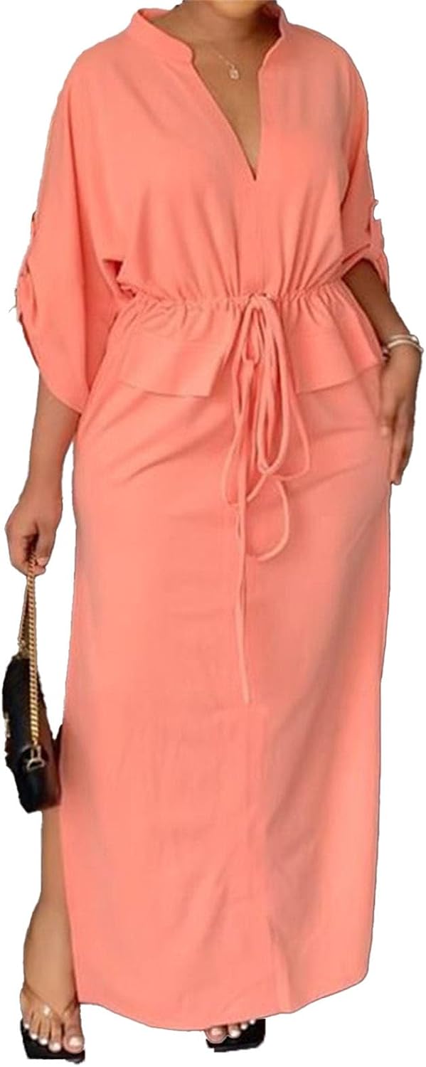 Women Split Thigh Maxi Dress Roll Sleeve Bodycon Wedding Guest Dresses High Waist Cocktail Party Dresses with Belt
