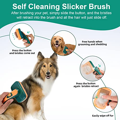 Self Cleaning Slicker Brush for Grooming Shedding Any Breed of Dogs Cats Rabbit Pets, Pain Free Remove Loose Undercoat Knots Mats Tangled Hair for Small Medium Large Animal With All Hair Types Length
