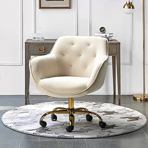 Hulala Home Velvet Office Chair With Gold Base, Modern Cute Mid-Back Desk Chair, Adjustable Swivel Computer Task Chair For Living Room, Bedroom, Study, Vanity, Tan #TOP6