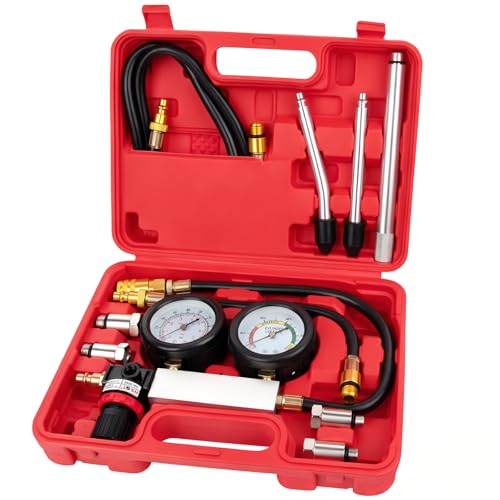 Cylinder Leak Down Tester Tool Kit with Dual Gauges Petrol Engine Compression Test Kit with Extension Rod Leakdown Detector Set for Pressure Check and Leakage Rate Testing of Cars Motorcycles