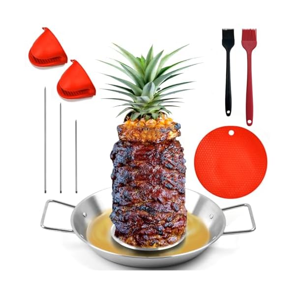 Fengzhe Al Pastor Skewer for Grill：Stainless Steel Vertical Stand, Brazilian Spit Stand with removable 3 Spikes, 2 Brushes, Anti-scalding Fittings, Fat Separator Tray, for Tacos Al Pastor, BBQ