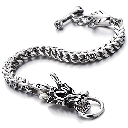 COOLSTEELANDBEYOND Mens Biker Stainless Steel Dragon Curb Chain Bracelet Toggle Clasp Gothic Style 8.9 Inches