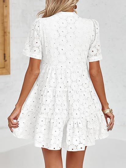 Imily Bela Womens Summer Lace Dresses Eyelet Casual Flowy Babydoll Swing Short Sleeve V Neck Tunic Dress - Image 4