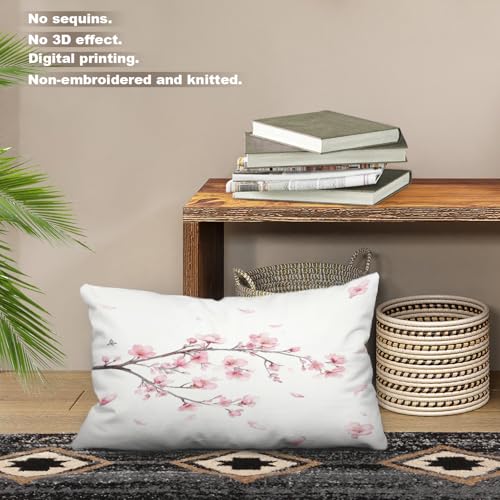 Batmerry Pink Floral Throw Pillow Covers,Pink Branch of Cherry Blossom Flowers Decorative Pillow Covers Digital Printing Blended Fabric for Couch Sofa Bed Invisible Zipper 12X20 in - image 2